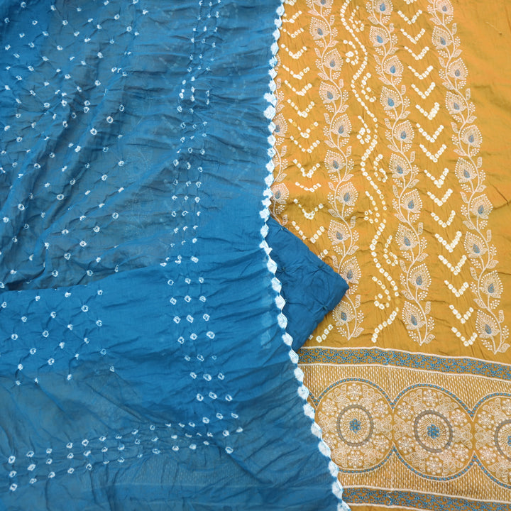 Bandegi Mustard Yellow Authentic Bandhej with Thread Work Cotton Suit Set