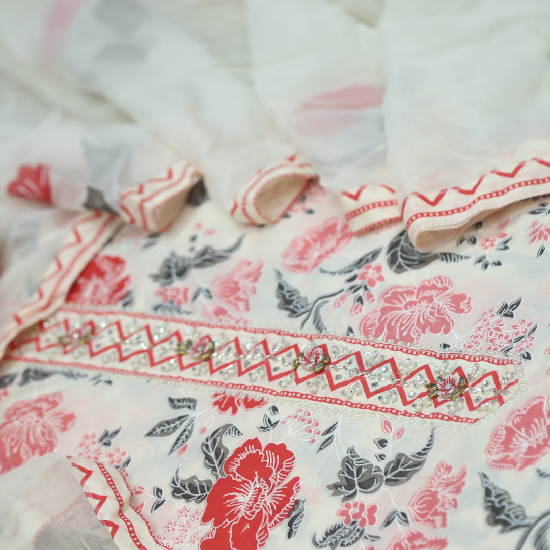 Rubiya Beige with Pink Floral Printed Kardana Neck Cotton Suit