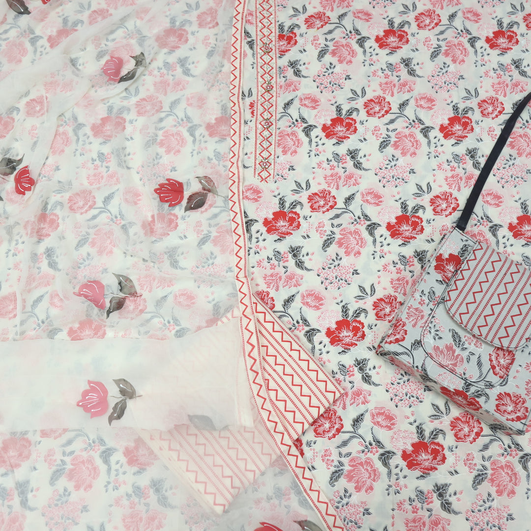 Rubiya Beige with Pink Floral Printed Kardana Neck Cotton Suit
