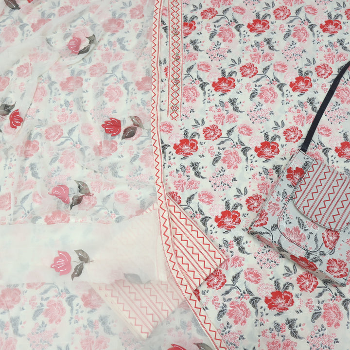 Rubiya Beige with Pink Floral Printed Kardana Neck Cotton Suit