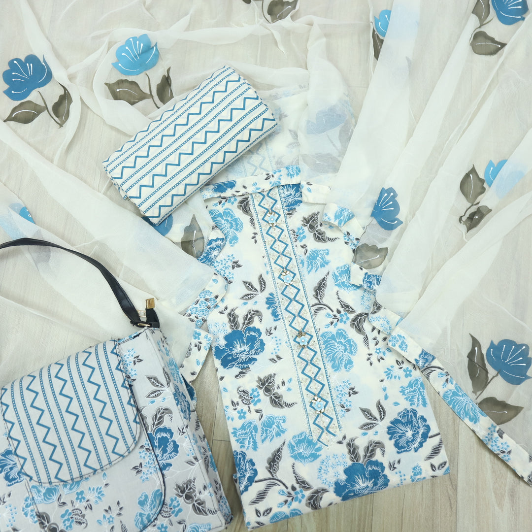 Rubiya Beige with Blue Floral Printed Kardana Neck Cotton Suit  with Hand Bag