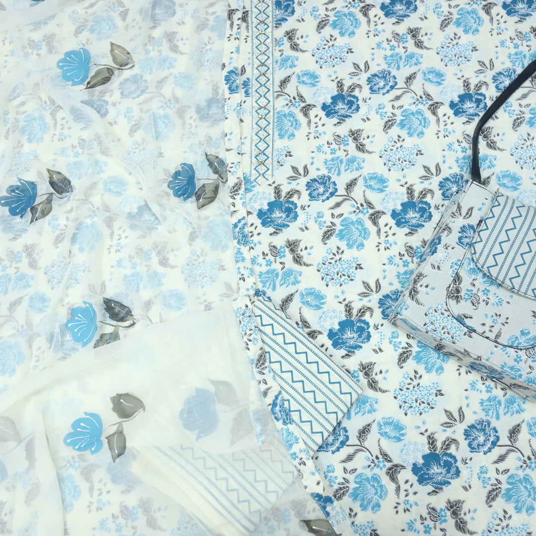 Rubiya Beige with Blue Floral Printed Kardana Neck Cotton Suit  with Hand Bag