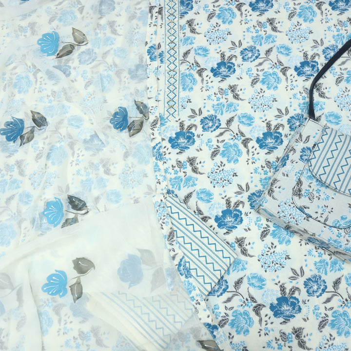 Rubiya Beige with Blue Floral Printed Kardana Neck Cotton Suit  with Hand Bag