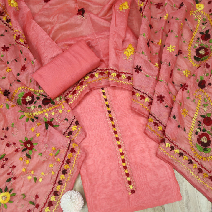 Ranjish Blush Pink Thread Work with Kantha Chanderi Suit Set