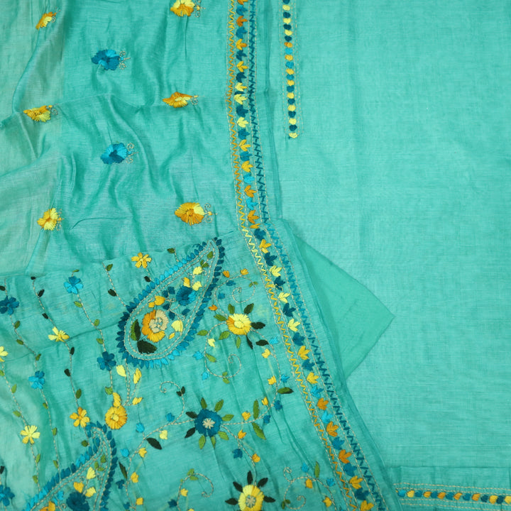 Ranjish Turquoise Blue Thread Work with Kantha Chanderi Suit Set