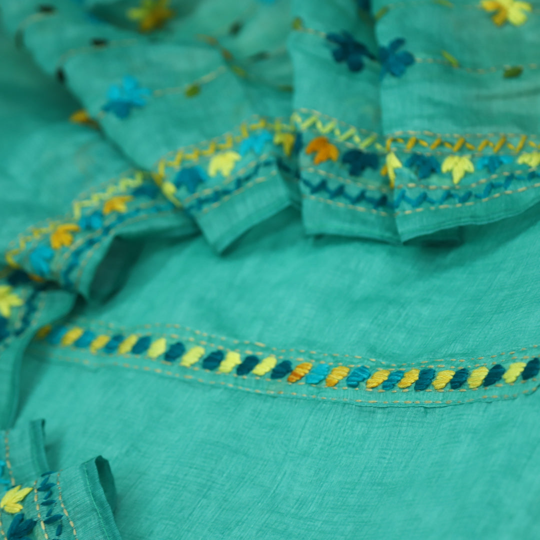 Ranjish Turquoise Blue Thread Work with Kantha Chanderi Suit Set