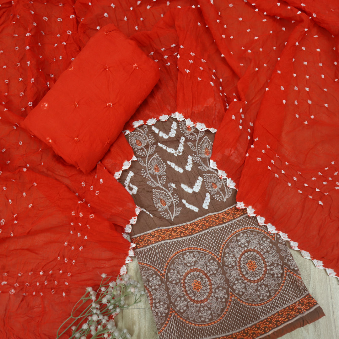 Bandegi Choco Brown Authentic Bandhej with Thread Work Cotton Suit Set