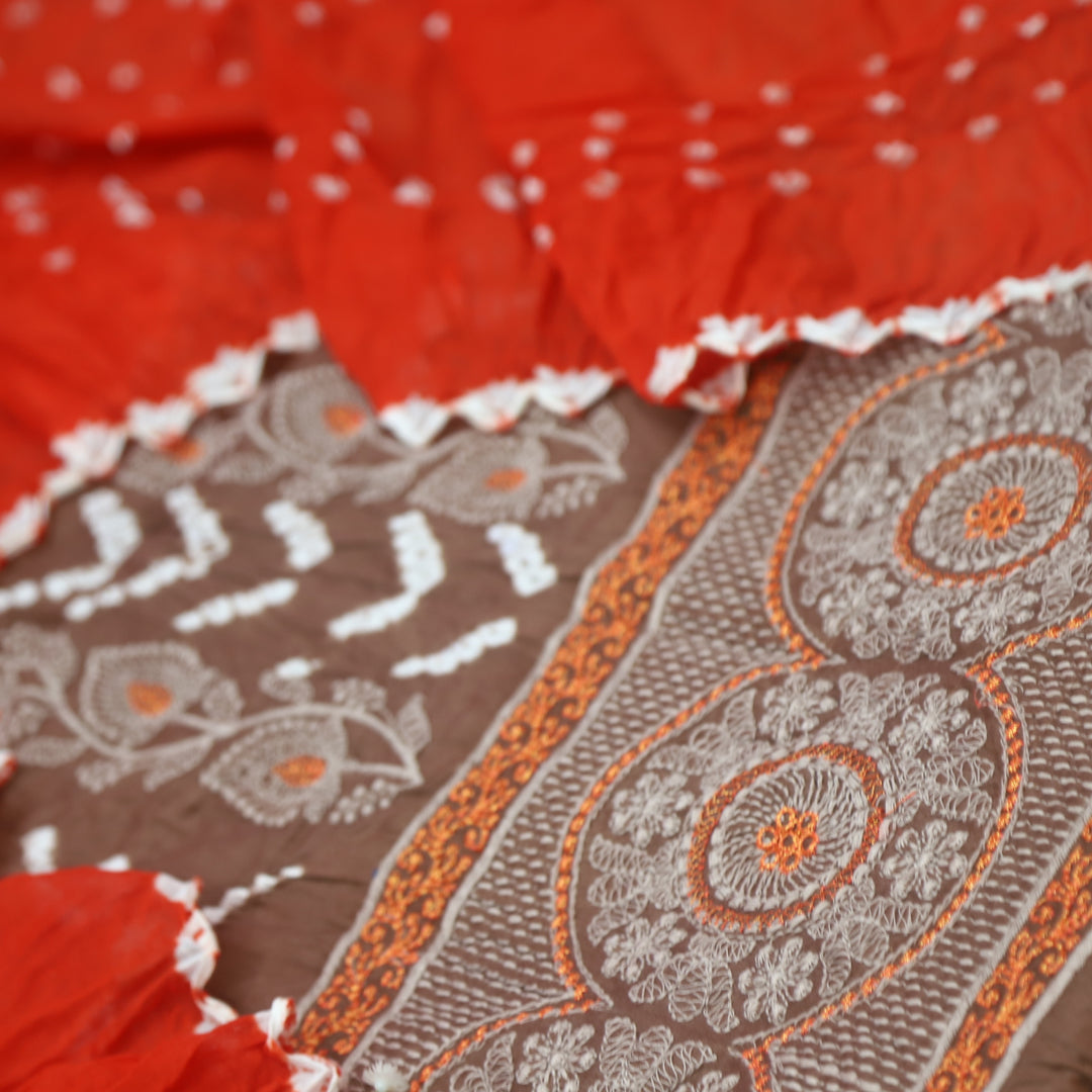 Bandegi Choco Brown Authentic Bandhej with Thread Work Cotton Suit Set