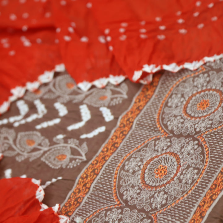 Bandegi Choco Brown Authentic Bandhej with Thread Work Cotton Suit Set