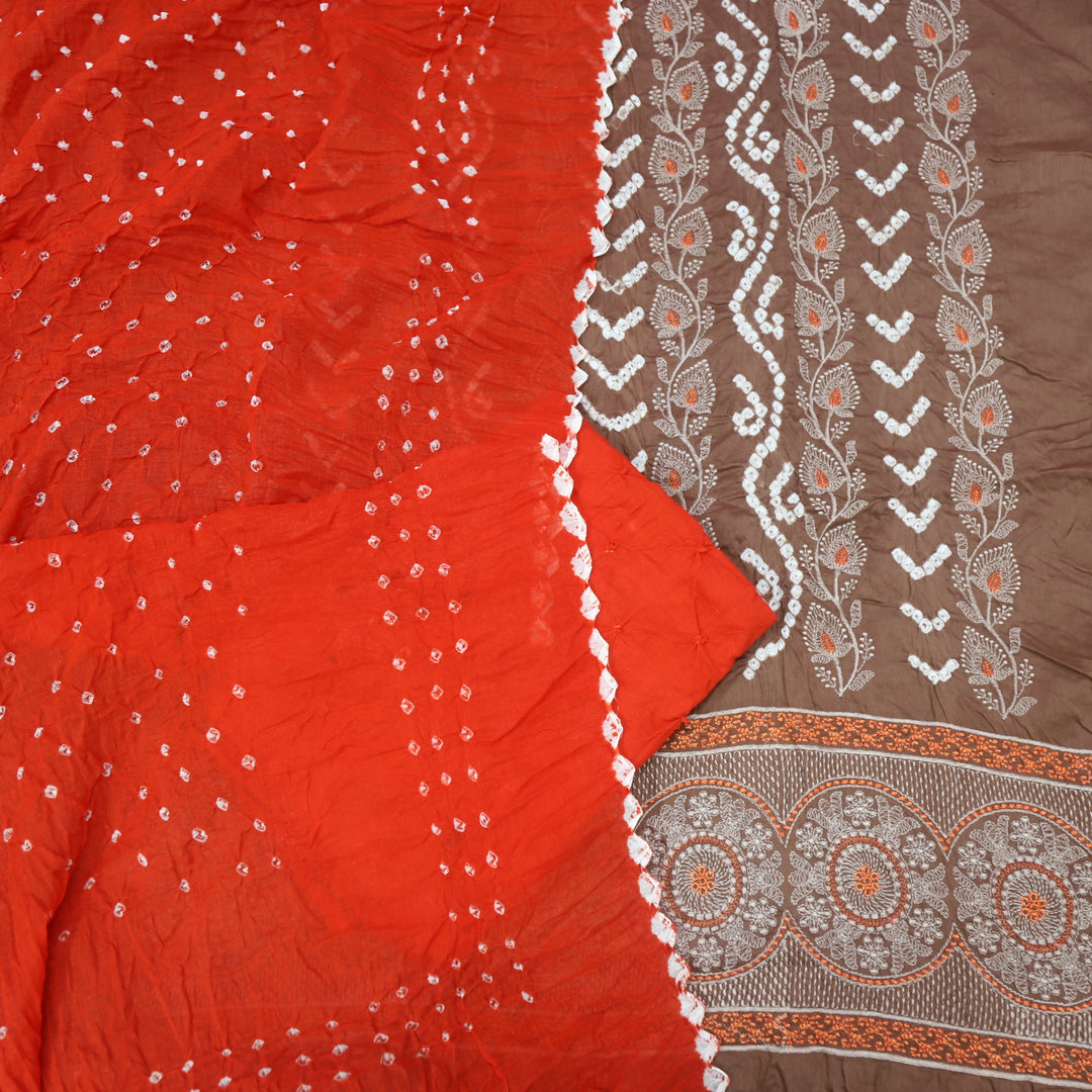 Bandegi Choco Brown Authentic Bandhej with Thread Work Cotton Suit Set