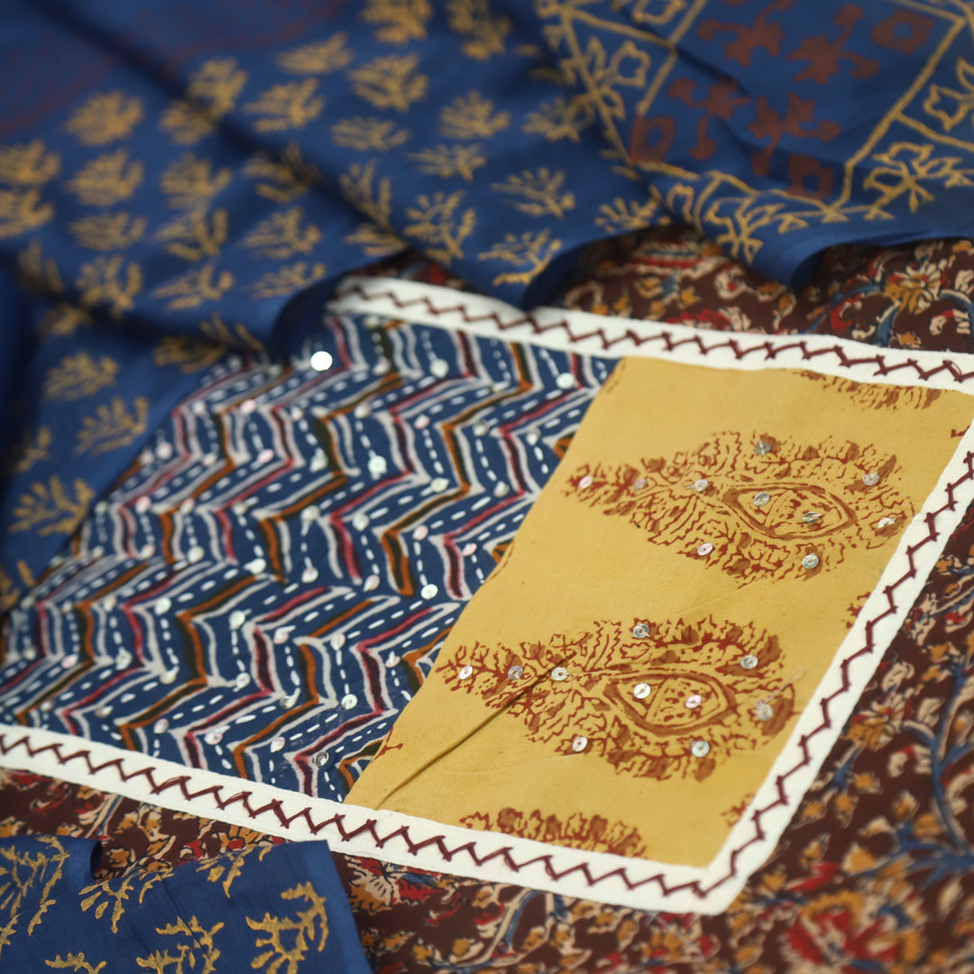 Naina Dark Red Ajrak Work Neck Cotton Top with Printed Dupatta