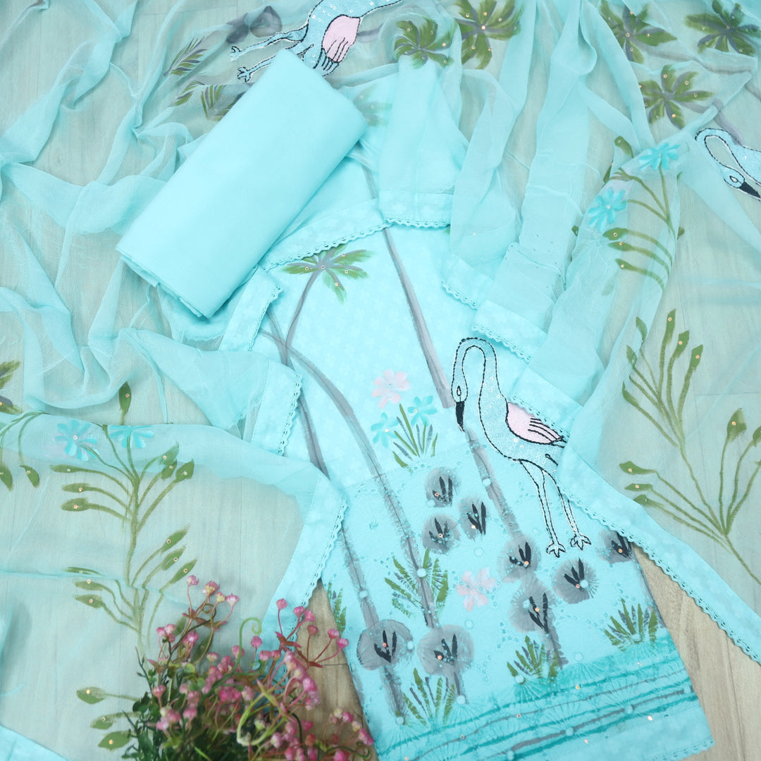 Raina Capri Greenish Blue Cotton Dobby Bird Top with Chiffon Hand Paint Dupatta Set