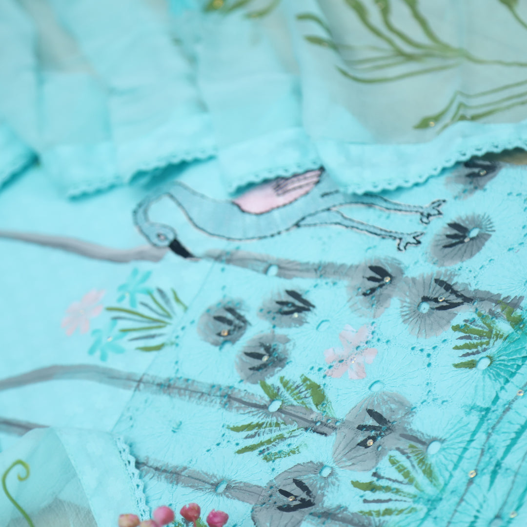 Raina Capri Greenish Blue Cotton Dobby Bird Top with Chiffon Hand Paint Dupatta Set