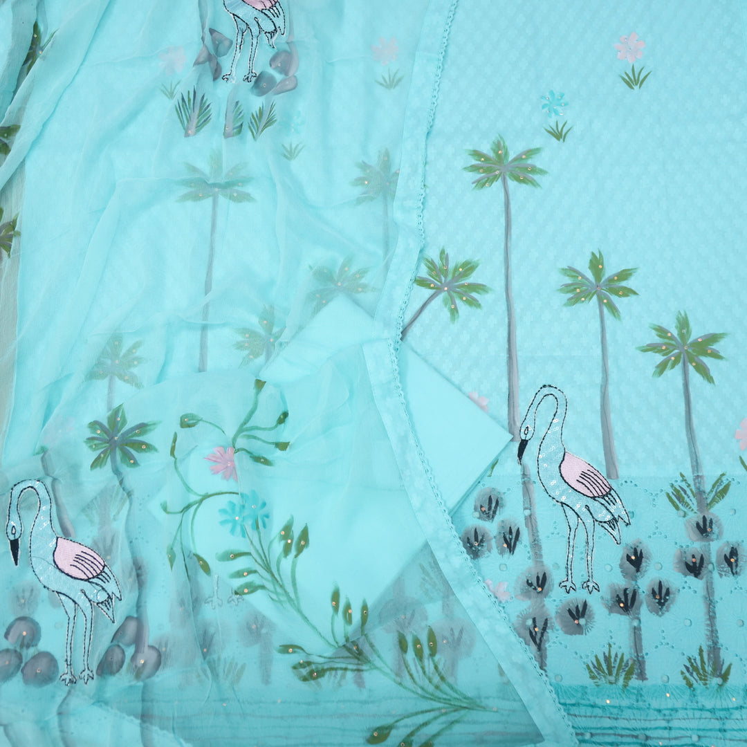 Raina Capri Greenish Blue Cotton Dobby Bird Top with Chiffon Hand Paint Dupatta Set