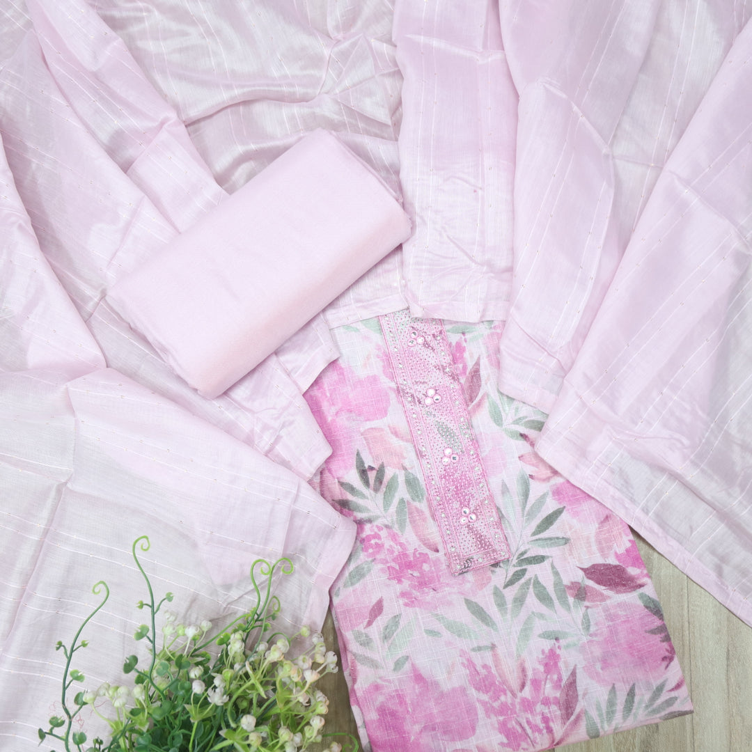 Shiddat Bright Pink Digital Floral Printed Cotton Linen Suit Set