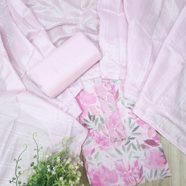 Shiddat Bright Pink Digital Floral Printed Cotton Linen Suit Set