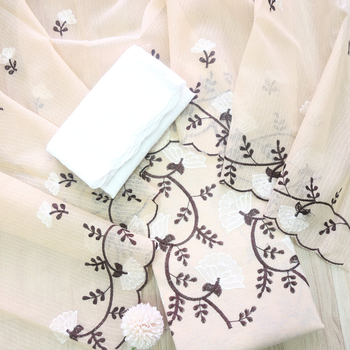 Kamleya Skin Beige All Over Floral Thread Work Kota Doriya Suit Set