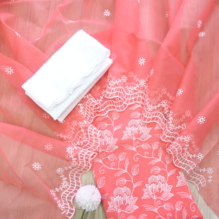 Kamleya Coral Pink All Over Floral Thread Work Kota Doriya Suit Set