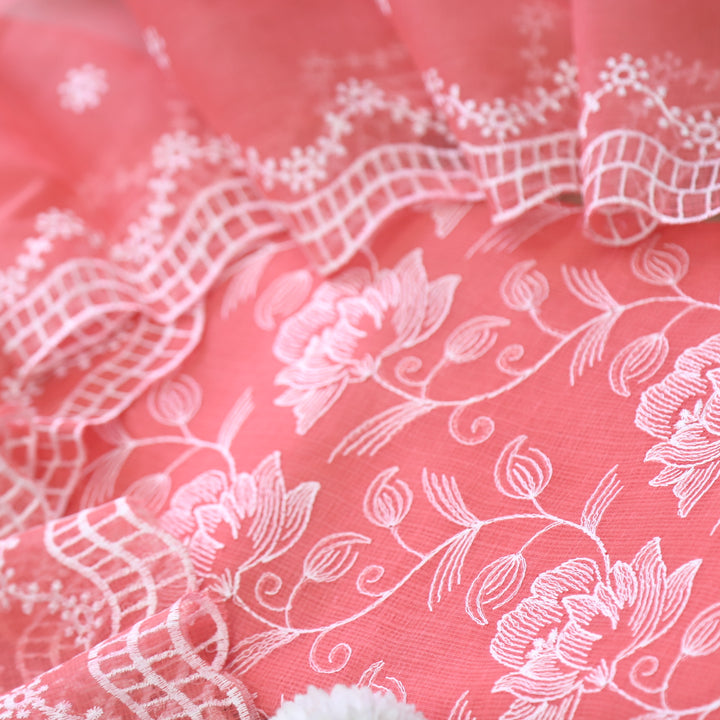 Kamleya Coral Pink All Over Floral Thread Work Kota Doriya Suit Set