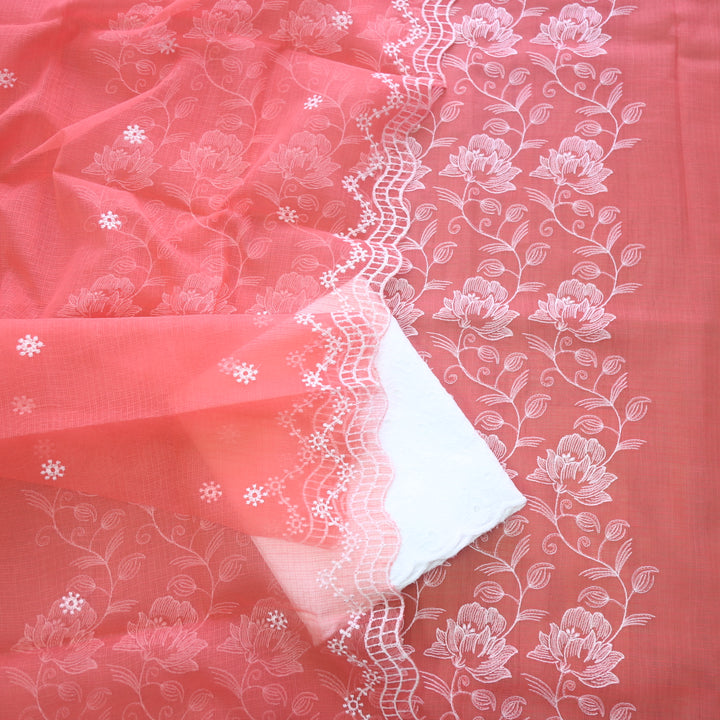 Kamleya Coral Pink All Over Floral Thread Work Kota Doriya Suit Set