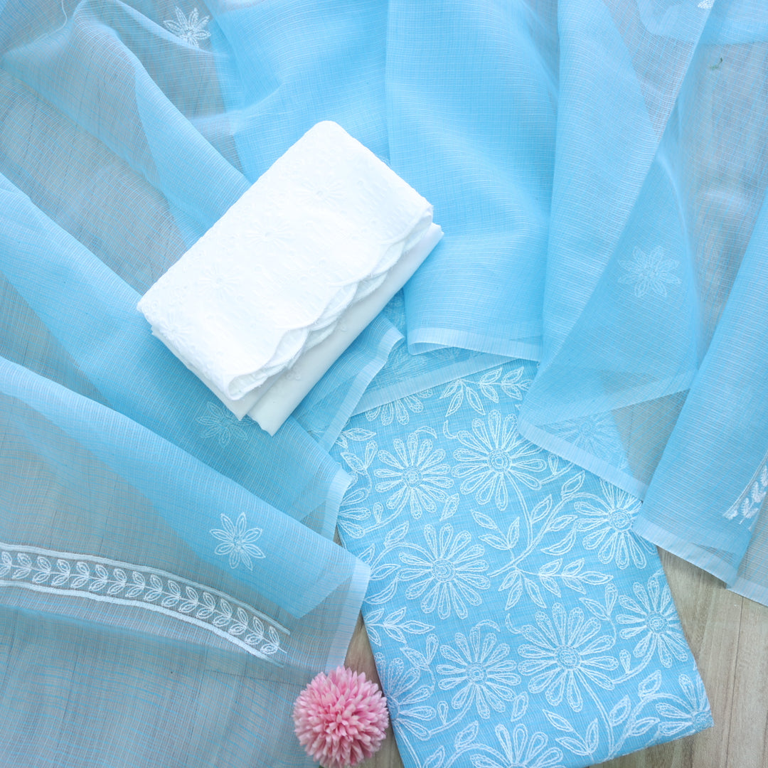 Kamleya Sky Blue All Over Floral Thread Work Kota Doriya Suit Set