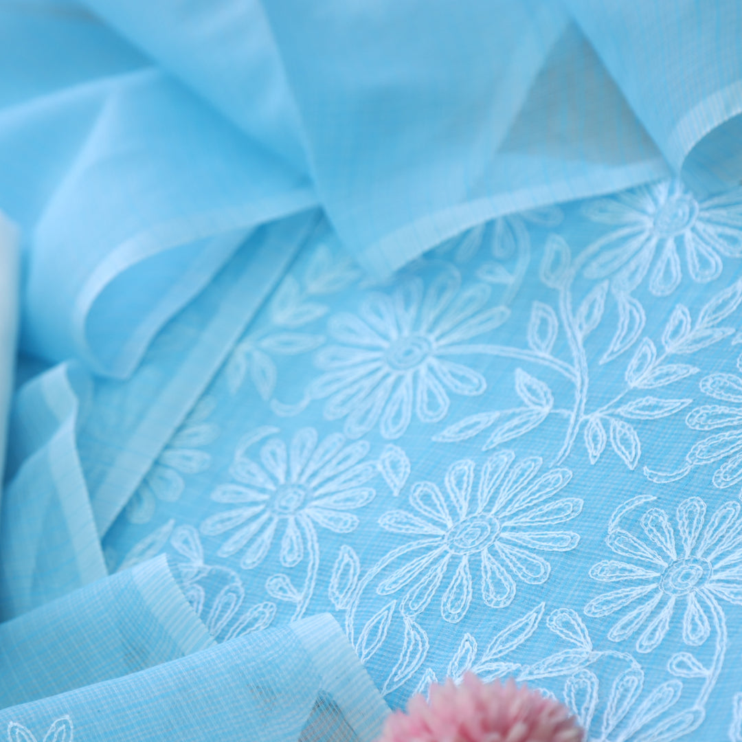 Kamleya Sky Blue All Over Floral Thread Work Kota Doriya Suit Set