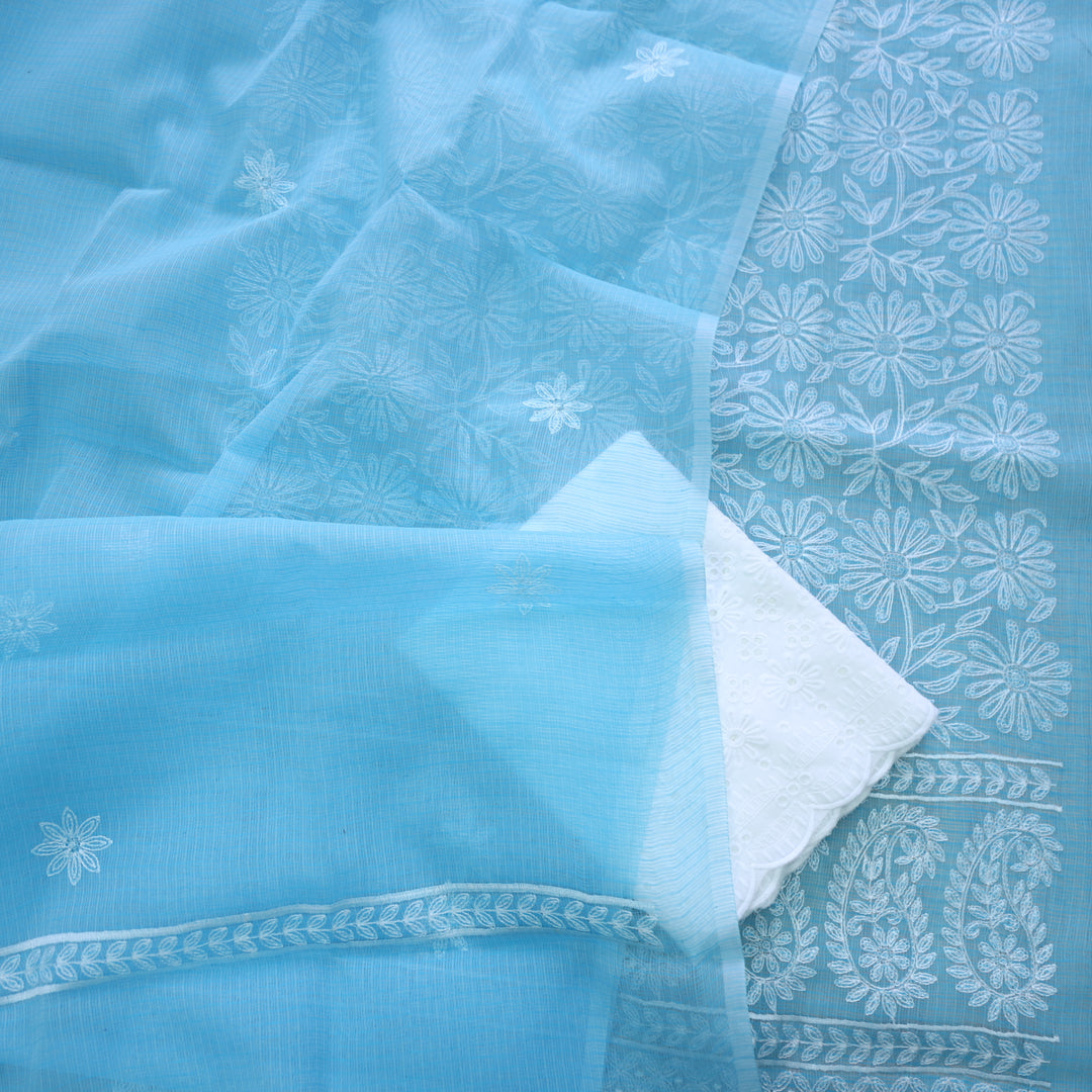 Kamleya Sky Blue All Over Floral Thread Work Kota Doriya Suit Set