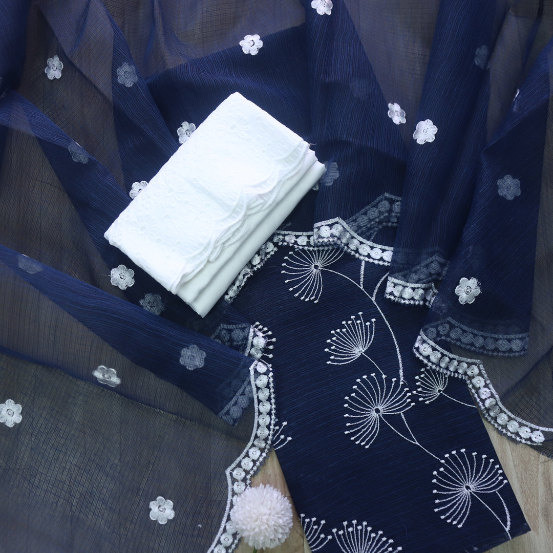 Kamleya Denim Blue All Over Floral Thread Work Kota Doriya Suit Set