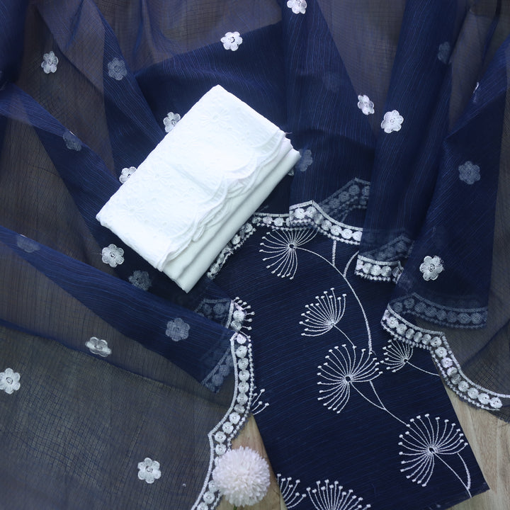 Kamleya Denim Blue All Over Floral Thread Work Kota Doriya Suit Set