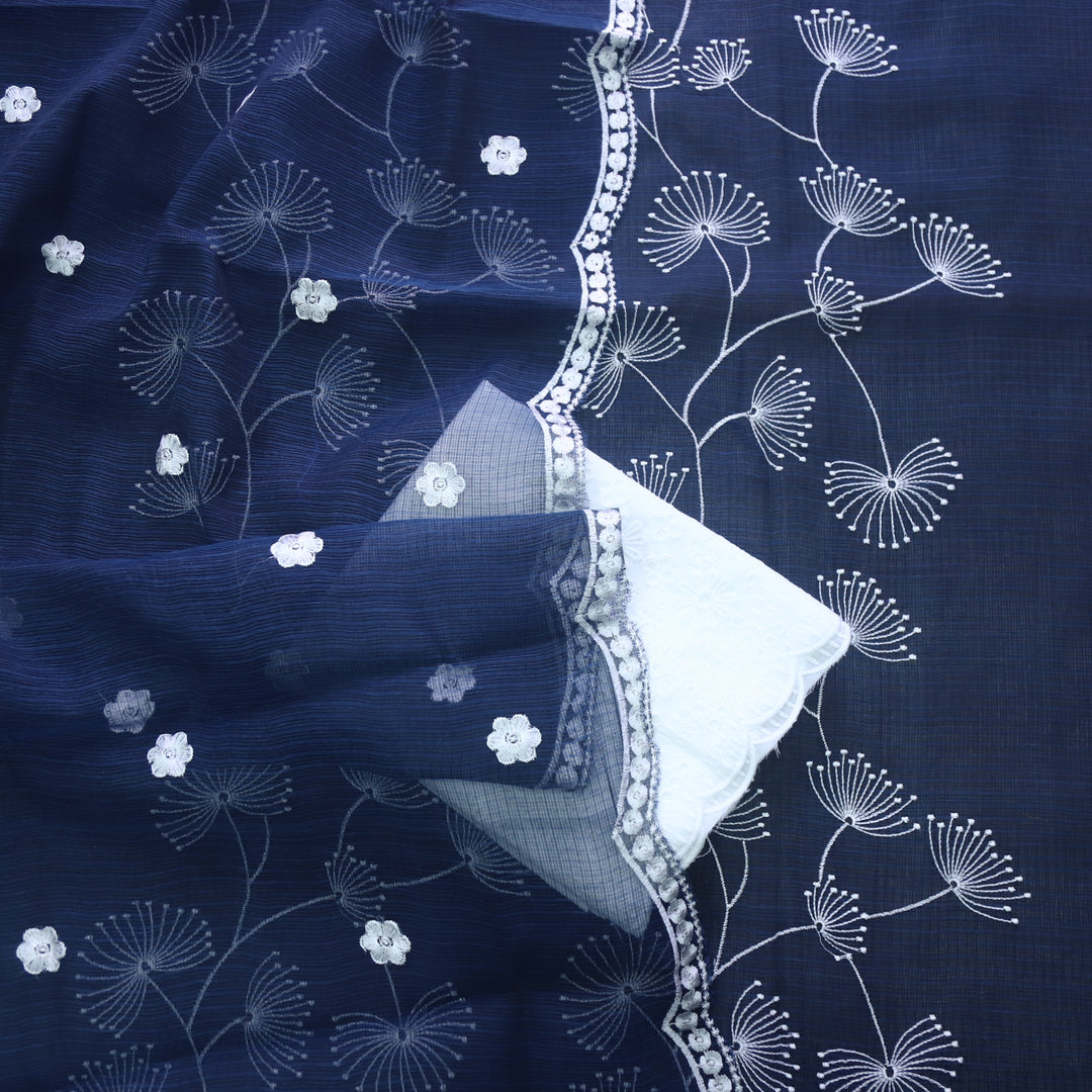 Kamleya Denim Blue All Over Floral Thread Work Kota Doriya Suit Set