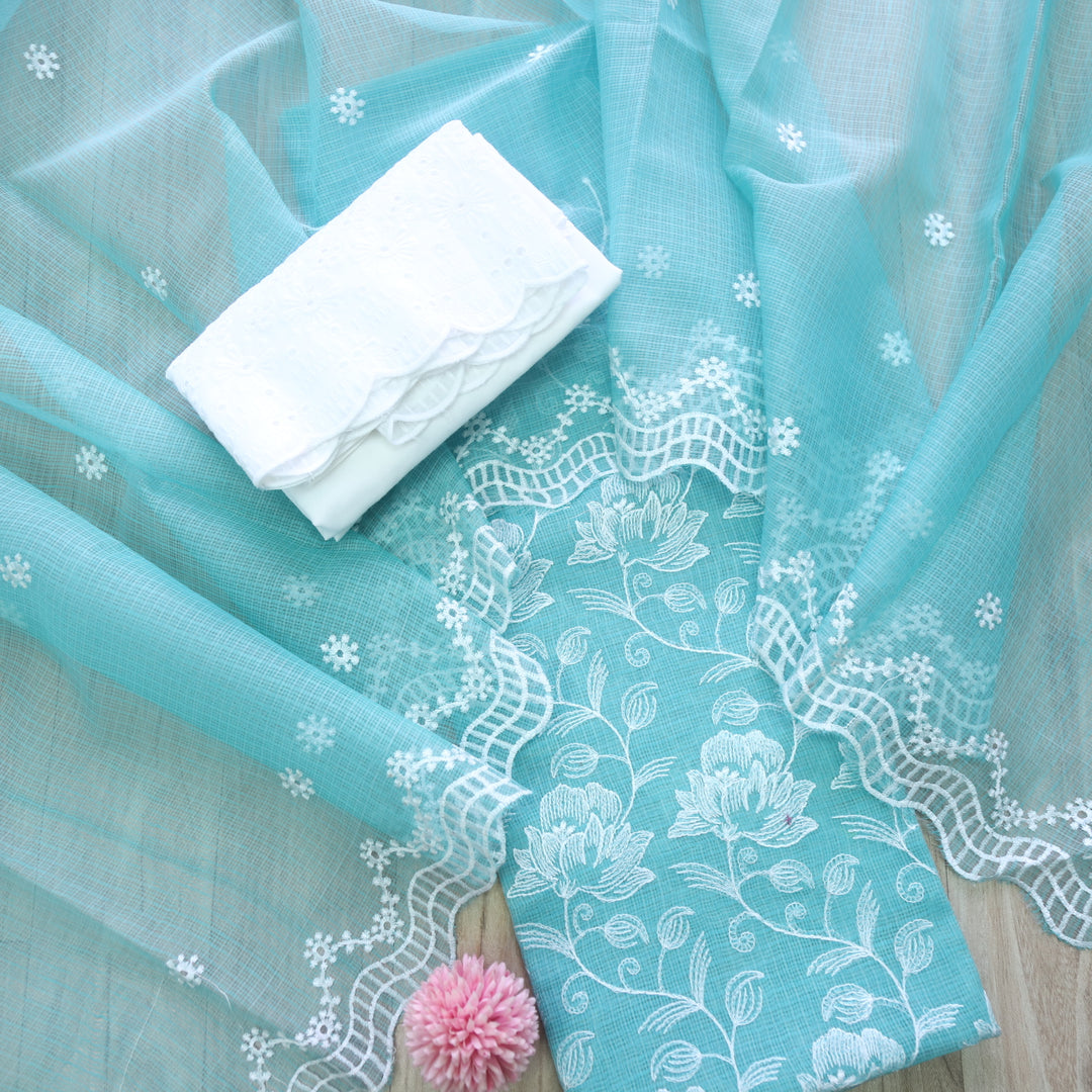 Kamleya Turquoise Blue All Over Floral Thread Work Kota Doriya Suit Set
