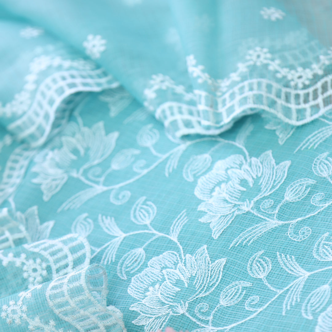 Kamleya Turquoise Blue All Over Floral Thread Work Kota Doriya Suit Set