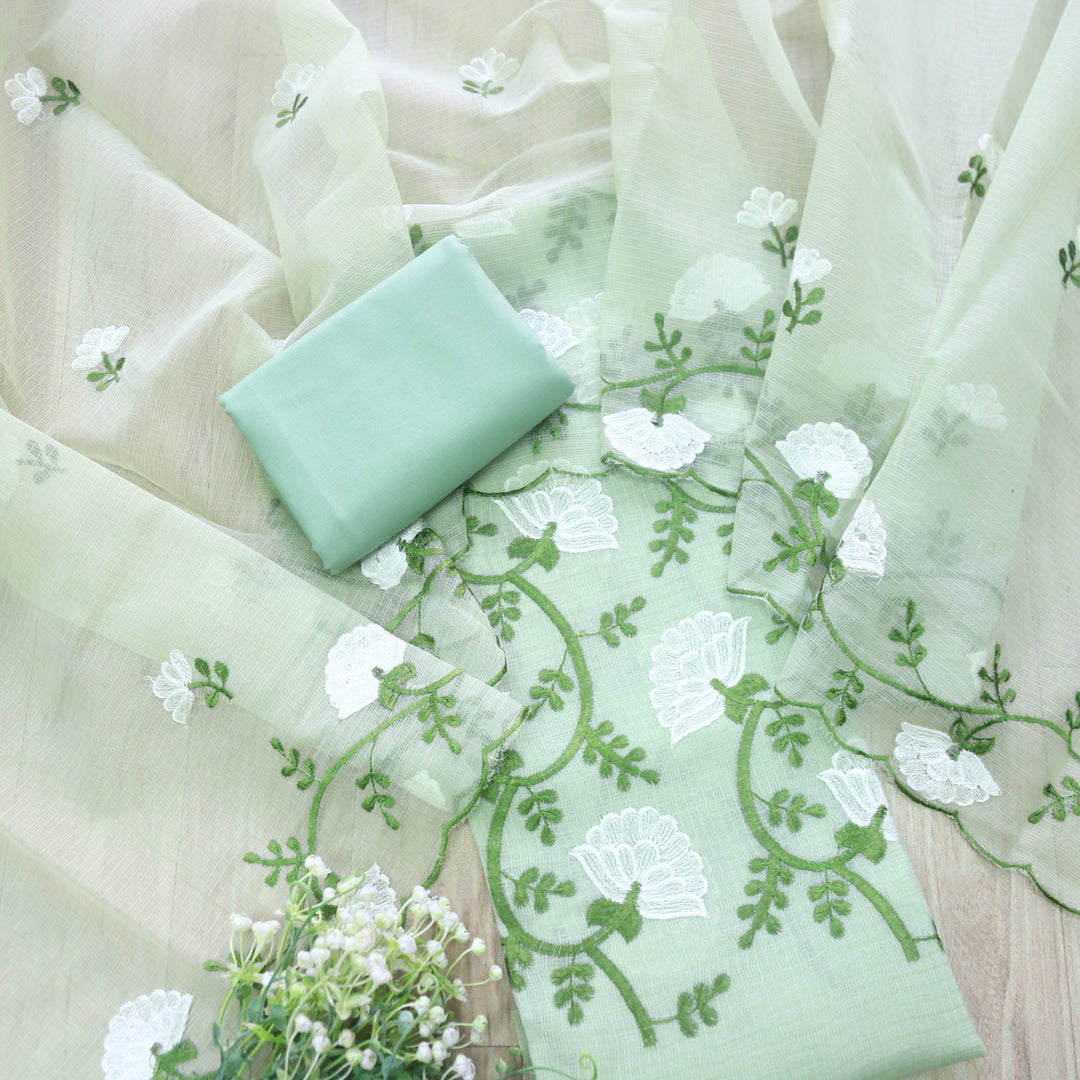 Kamleya Mint Green All Over Floral Thread Work Kota Doriya Suit Set