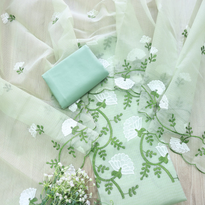 Kamleya Mint Green All Over Floral Thread Work Kota Doriya Suit Set