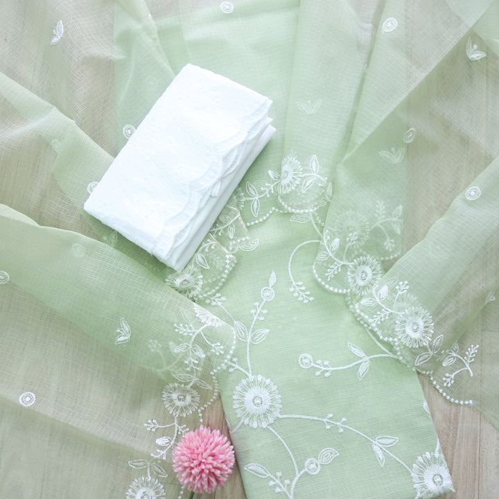 Kamleya Mint Green All Over Floral Thread Work Kota Doriya Suit Set