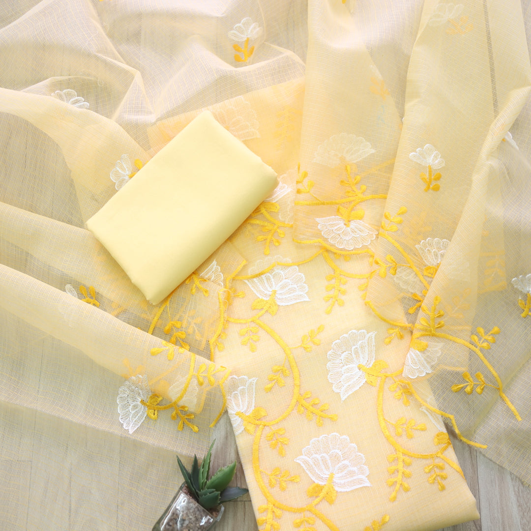 Kamleya Sunflower Yellow All Over Floral Thread Work Kota Doriya Suit Set
