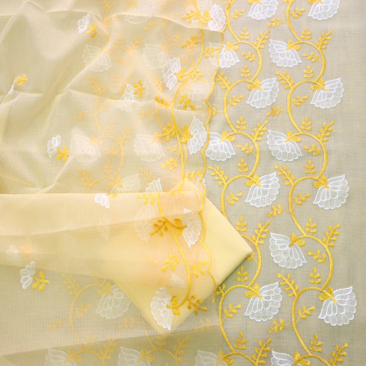Kamleya Sunflower Yellow All Over Floral Thread Work Kota Doriya Suit Set