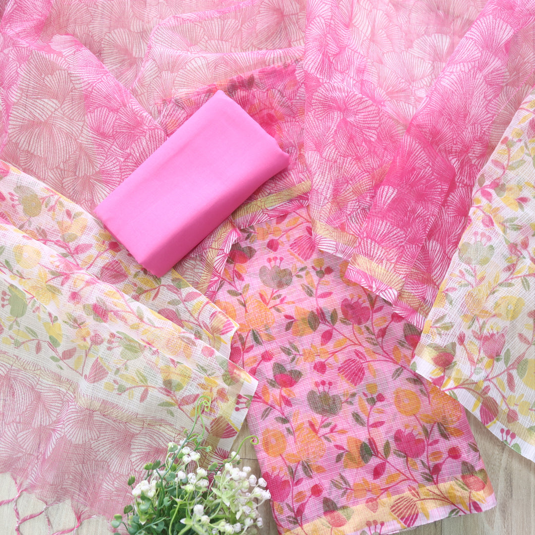 Kamleya Bright Pink All Over Floral Printed Kota Doriya Suit Set