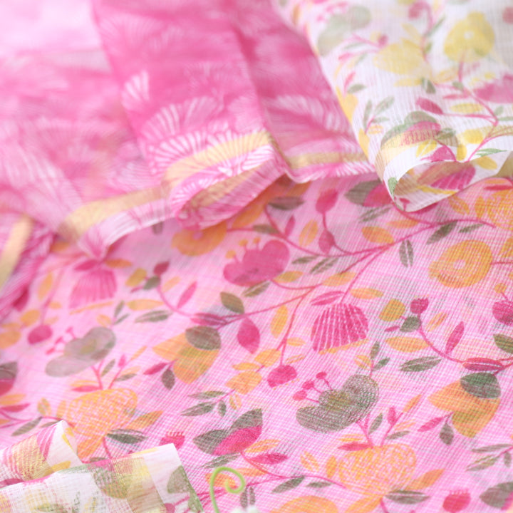 Kamleya Bright Pink All Over Floral Printed Kota Doriya Suit Set