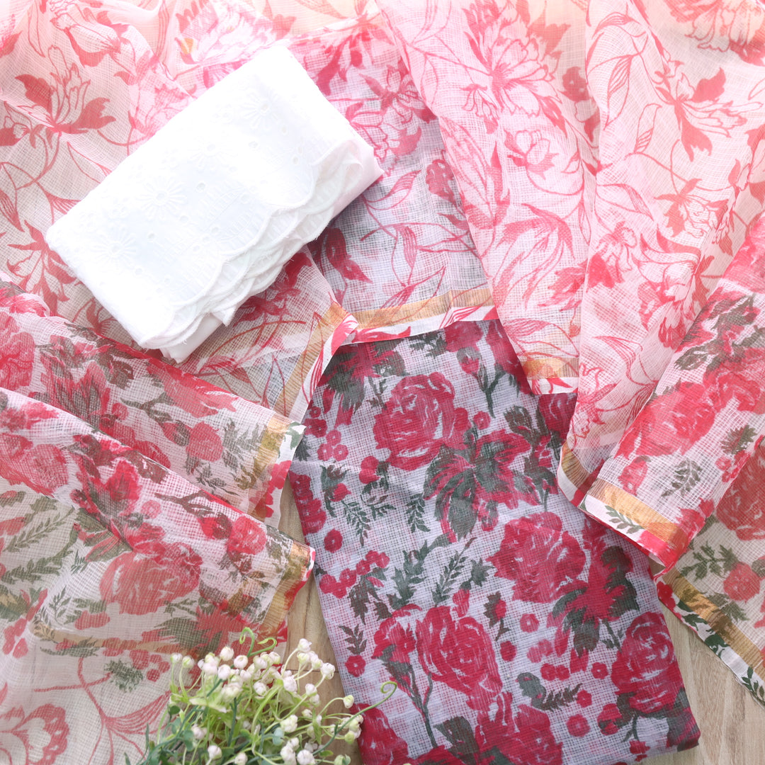 Kamleya Grey Base with Red All Over Floral Printed Kota Doriya Suit Set
