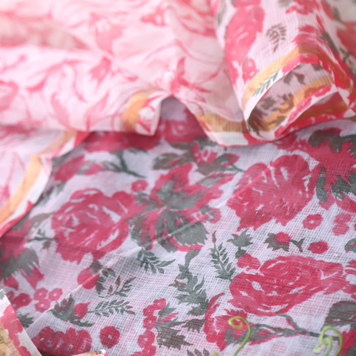 Kamleya Grey Base with Red All Over Floral Printed Kota Doriya Suit Set