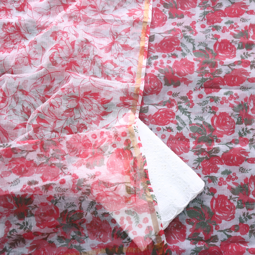 Kamleya Grey Base with Red All Over Floral Printed Kota Doriya Suit Set