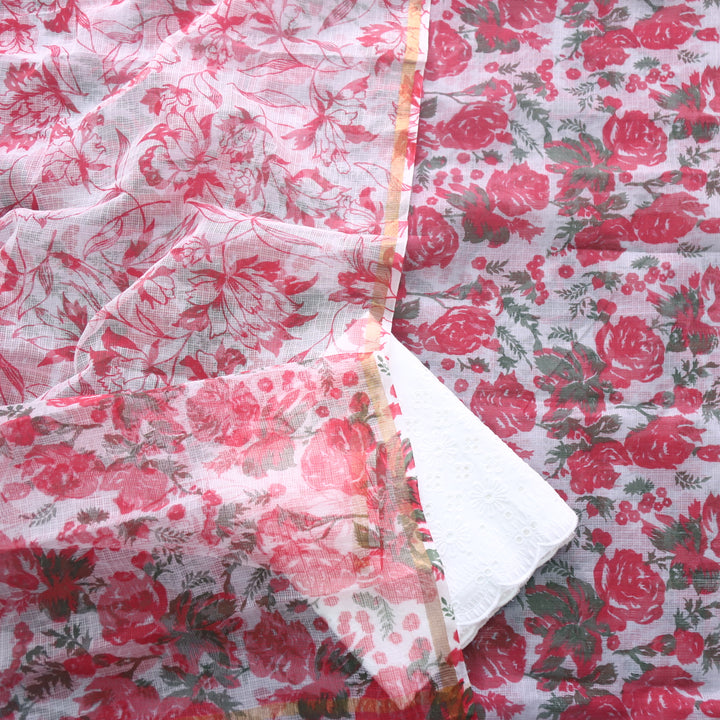 Kamleya Grey Base with Red All Over Floral Printed Kota Doriya Suit Set