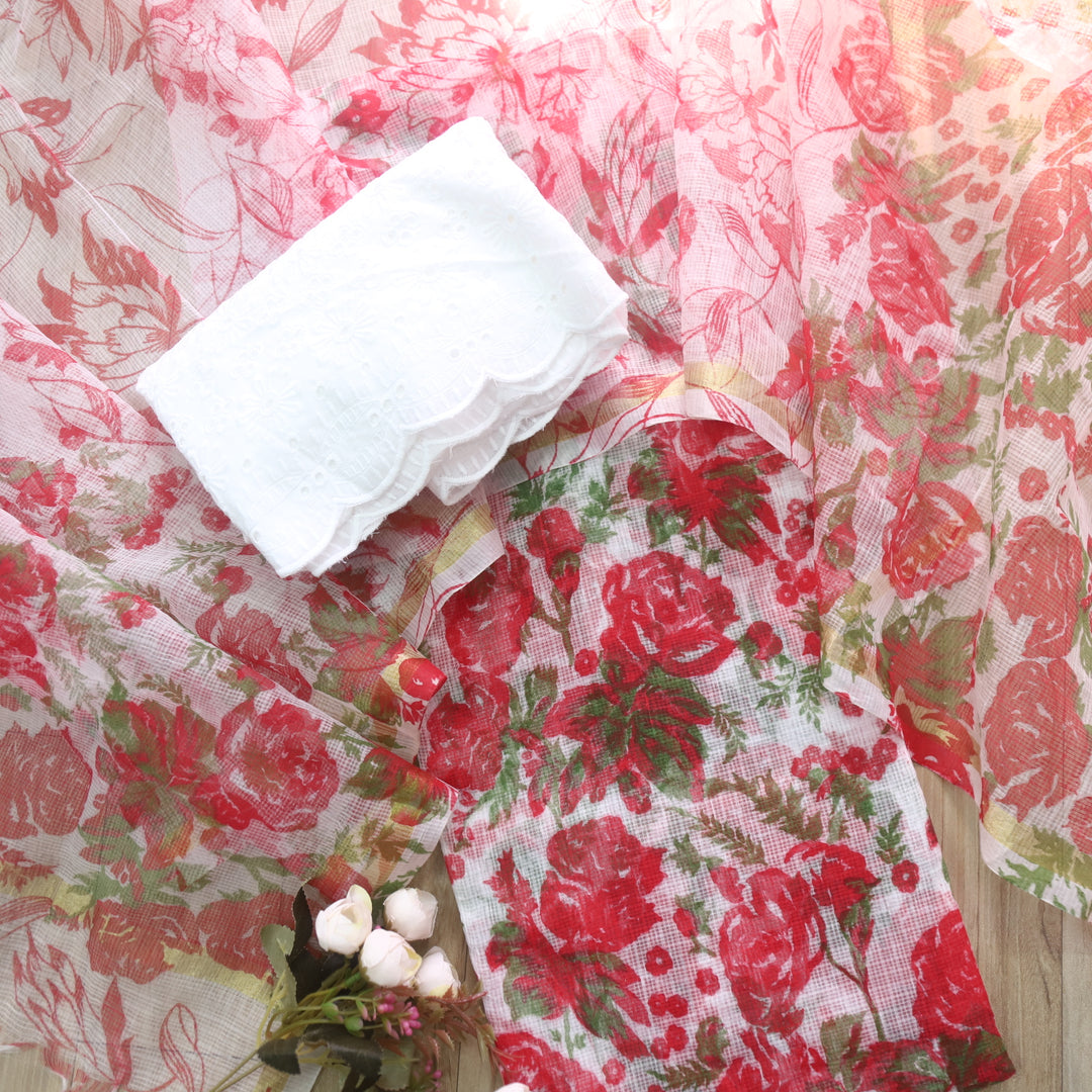 Kamleya White with Red All Over Floral Printed Kota Doriya Suit Set