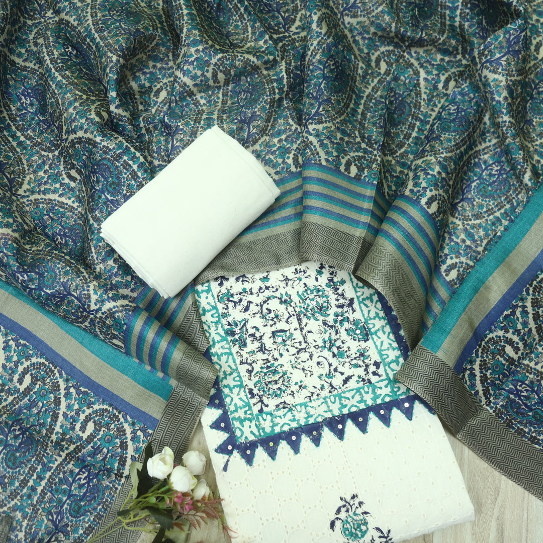 Naina Cream with Blue Printed Neck with Crochet Work Cotton Pakistani Suit Set