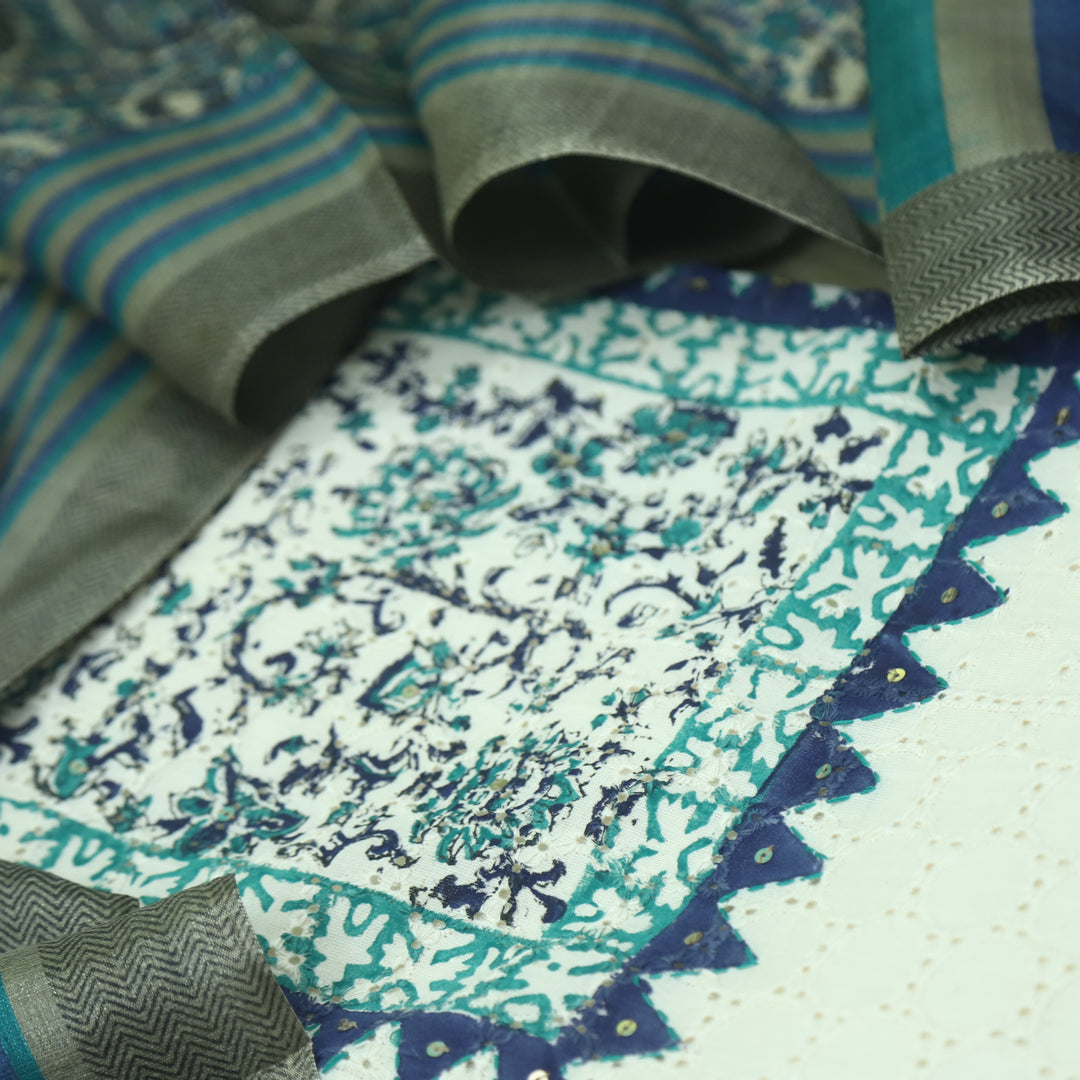 Naina Cream with Blue Printed Neck with Crochet Work Cotton Pakistani Suit Set