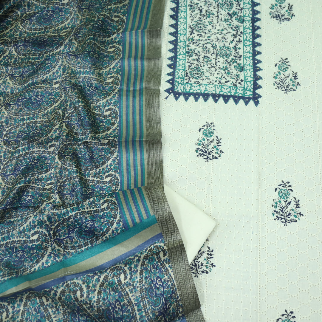 Naina Cream with Blue Printed Neck with Crochet Work Cotton Pakistani Suit Set