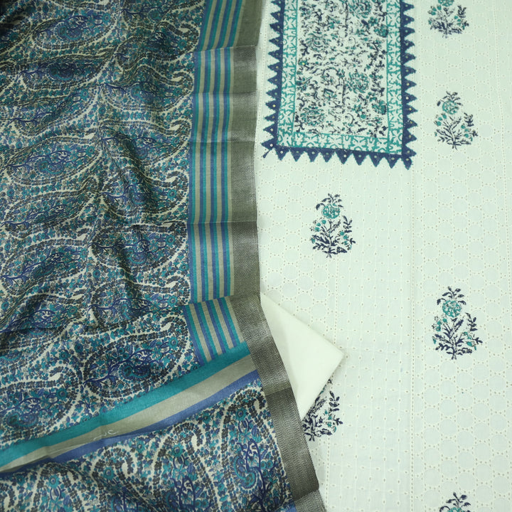 Naina Cream with Blue Printed Neck with Crochet Work Cotton Pakistani Suit Set