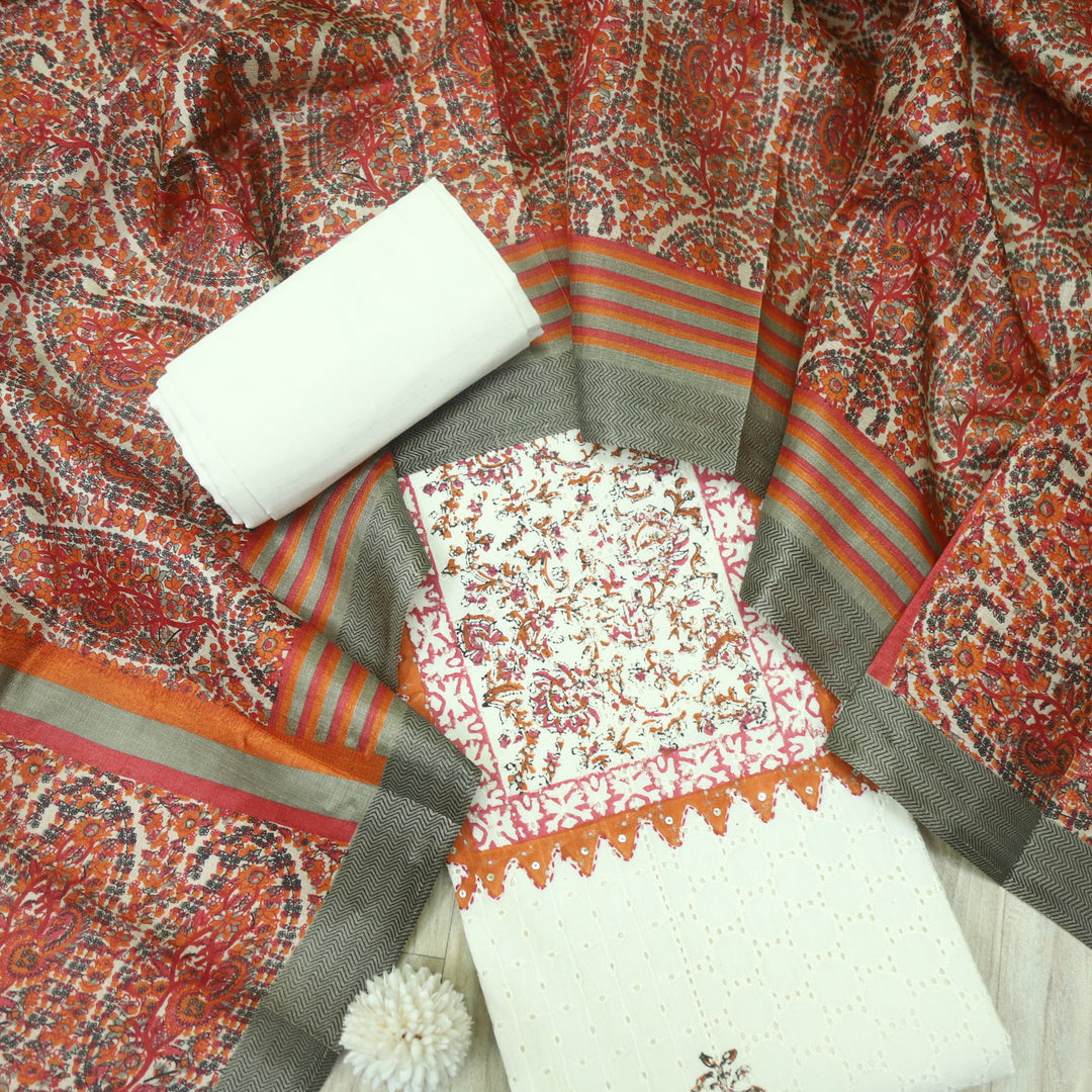 Naina Cream with Orange Printed Neck with Crochet Work Cotton Pakistani Suit Set