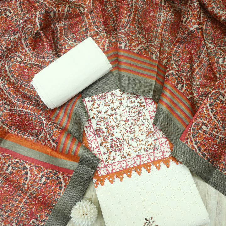 Naina Cream with Orange Printed Neck with Crochet Work Cotton Pakistani Suit Set
